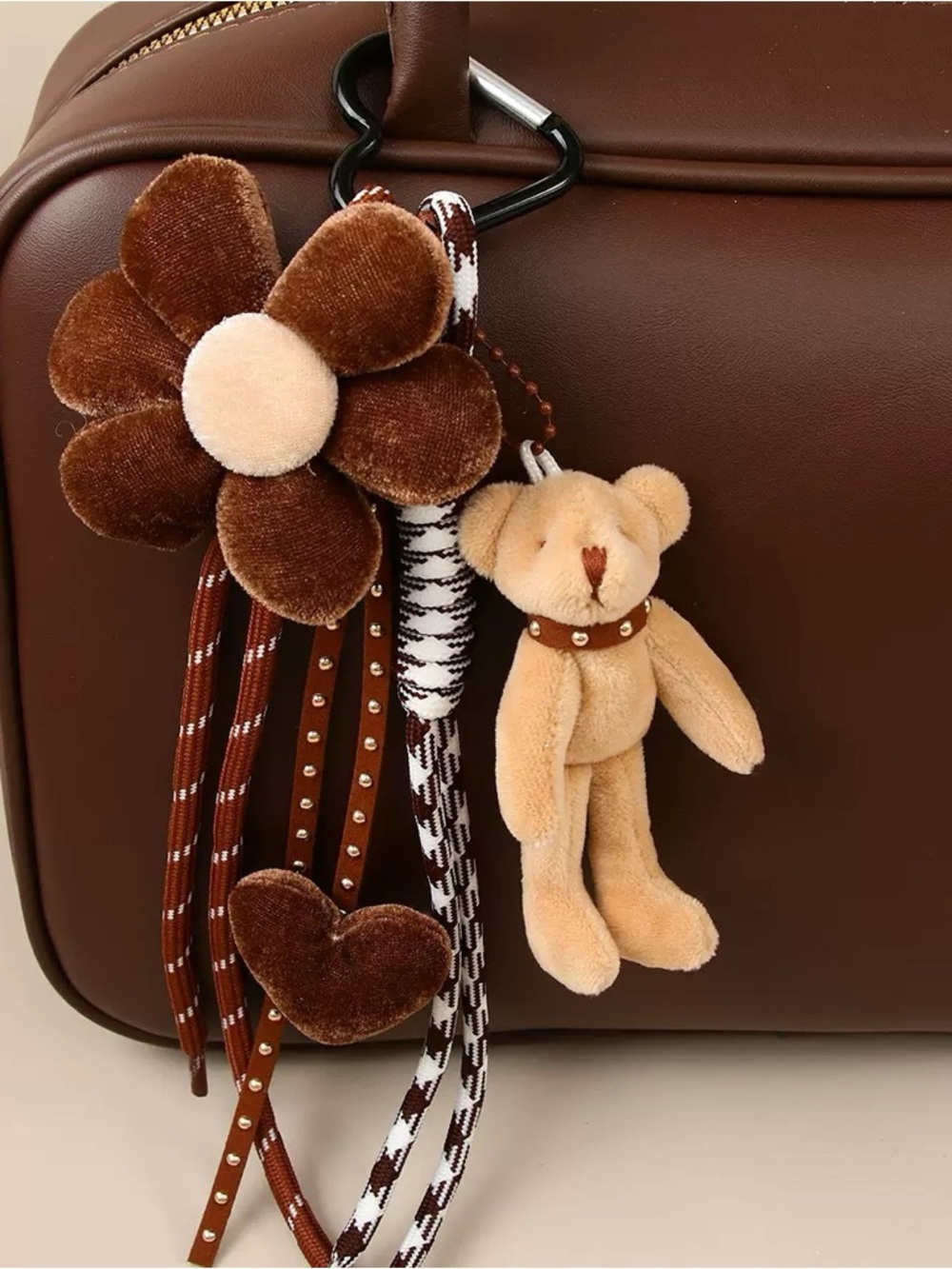 Plush Teddy & Flower Brown Bag Charm Keychain